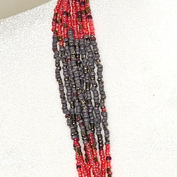 Coral Pink Gray Multiple Strands Beaded Necklace - Picture 4 of 7